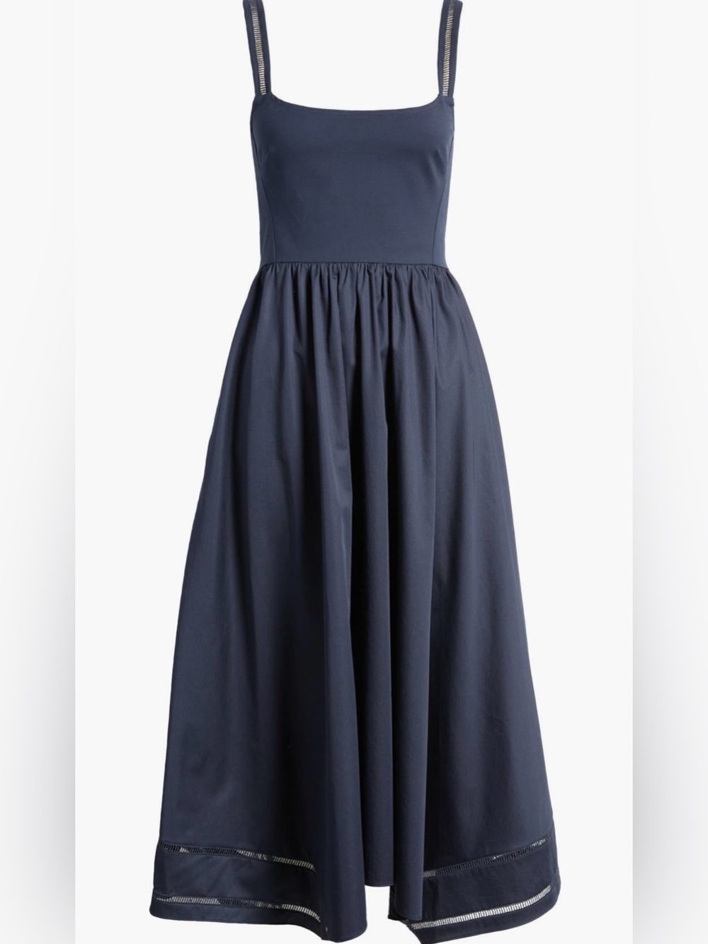 NWT La Ligne Ladder Stitch Handkerchief Hem Cotton Poplin Dress Navy L